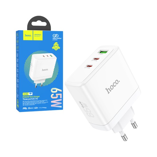 Adapters Hoco N30 Glory PD65W 2C1A USB+Dual Type-C White Adapters Hoco N30 Glory PD65W 2C1A USB+Dual Type-C White